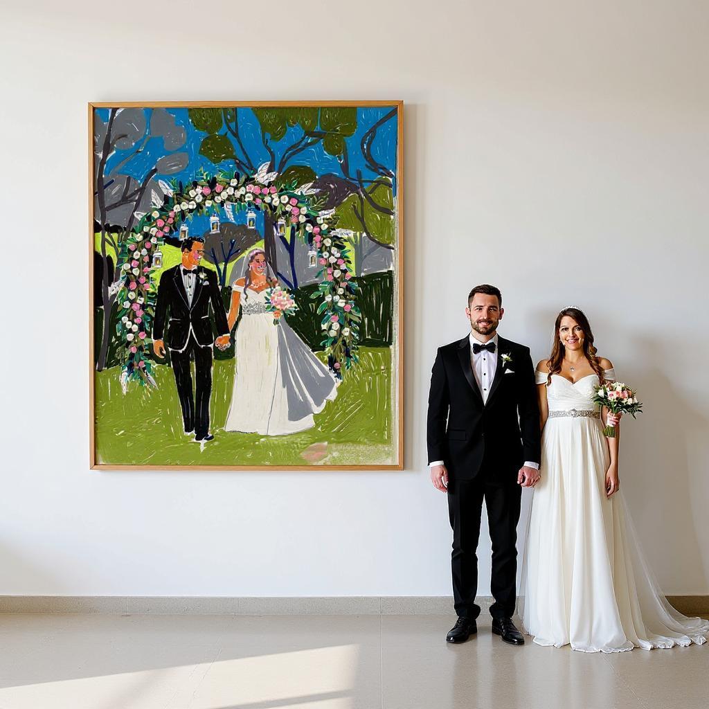 A couple stands beside their personalized wedding portrait on canvas, depicting them under a floral archway. The framed artwork features vibrant colors and expressive brushstrokes, adding a personal touch to their celebration.