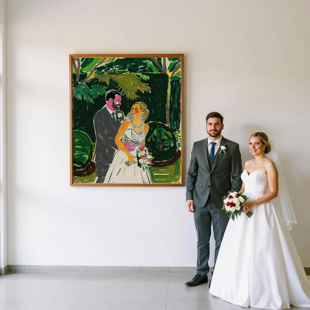 A couple poses next to their personalized wedding portrait on canvas, showcasing them in a lush, tropical setting. The framed artwork features bold brushstrokes and vivid colors, creating a timeless and romantic keepsake.