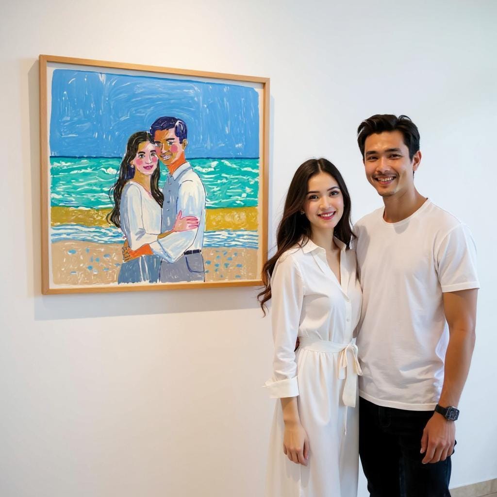 A couple stands next to their personalized wedding portrait on canvas, depicting them on a beach with gentle waves and soft colors. The framed artwork captures their love story in a serene and artistic style.
