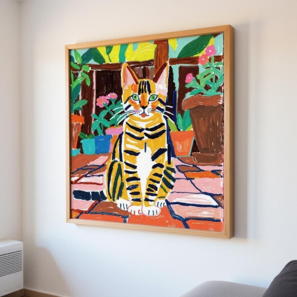 A custom pet portrait on giclée canvas, hand-drawn illustration of a striped cat sitting among potted plants, framed and displayed on a white wall.