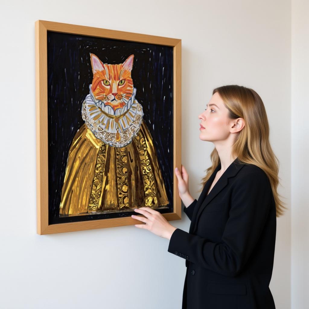 A custom pet portrait on giclée canvas, hand-drawn illustration of a cat dressed in royal attire, being admired by a woman in a black suit.