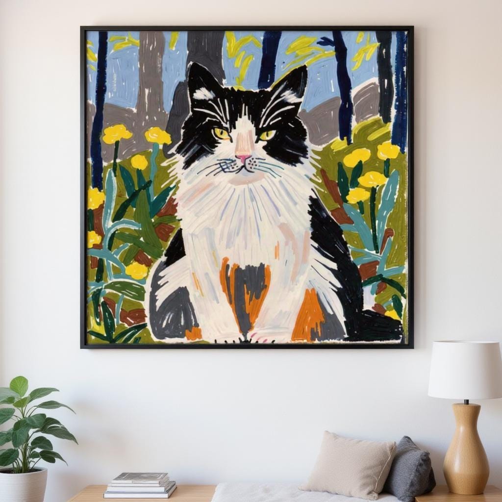 A custom pet portrait on giclée canvas, hand-drawn illustration of a black and white cat sitting in a forest, framed and displayed on a white wall.