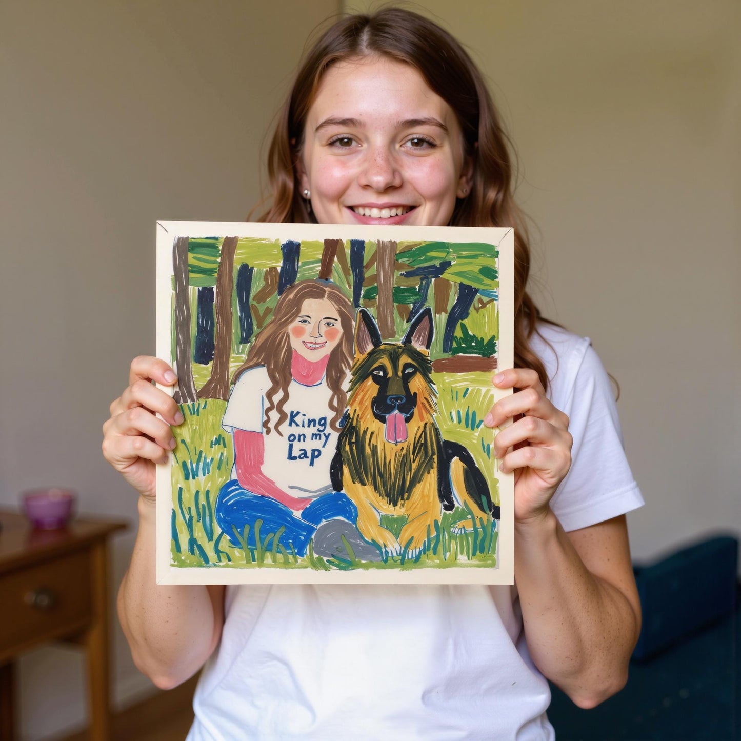 A smiling woman holds a personalized pet portrait on canvas, depicting her with her German Shepherd. The artwork is framed and features a playful, colorful style that captures the bond between owner and pet.
