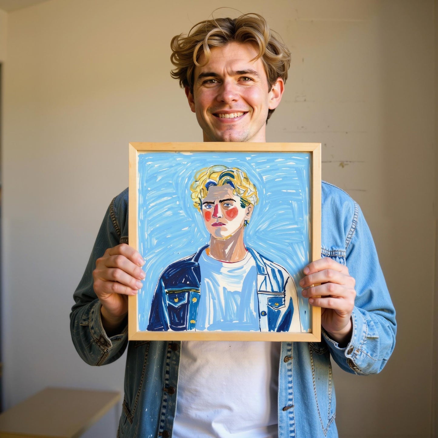 A young man displays a framed giclée canvas print of his personalized portrait. The artwork features bold brushstrokes and a modern aesthetic, highlighting the sitter's features in a unique artistic style.