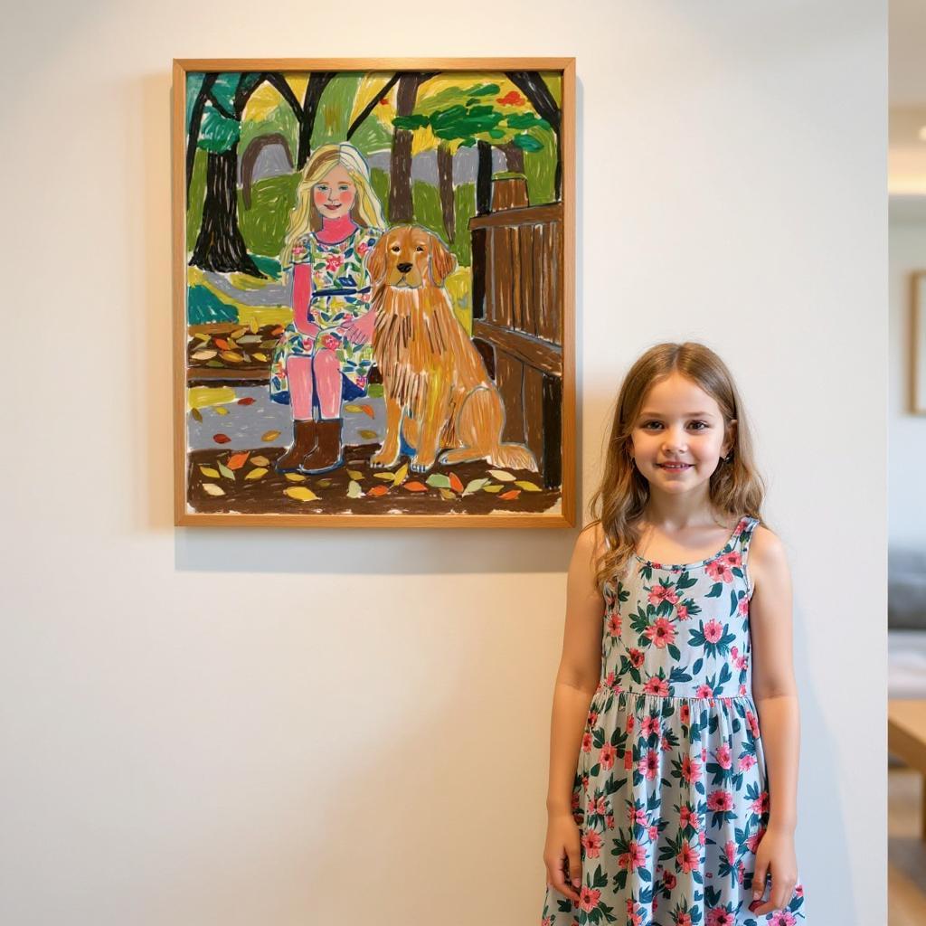 A young girl poses with a custom canvas portrait of herself and her Golden Retriever. The framed artwork features bright colors and expressive brushstrokes, creating a cheerful and personalized family keepsake.