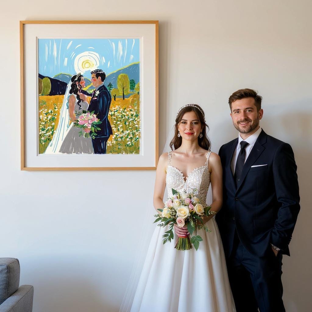 A couple stands proudly next to their personalized wedding portrait on canvas. The framed artwork captures their special day in a unique, artistic style, with vibrant colors and expressive brushstrokes.