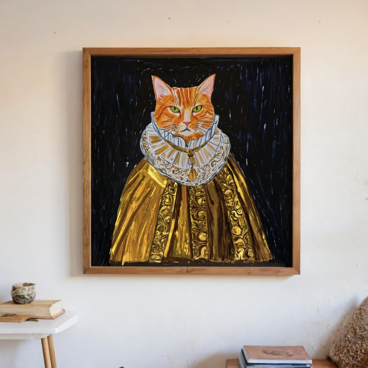 Custom pet portrait on canvas, featuring an orange cat dressed in a regal golden gown with a ruffled collar, displayed on a wall. The whimsical art adds a touch of humor and sophistication to any room.