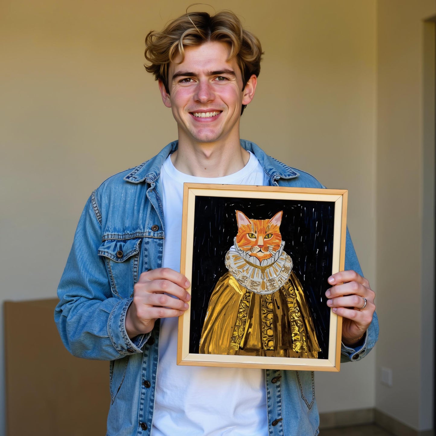 A smiling man holds a custom pet portrait on canvas, featuring an orange cat dressed in a regal golden gown with a ruffled collar. The whimsical art adds a touch of humor and sophistication.