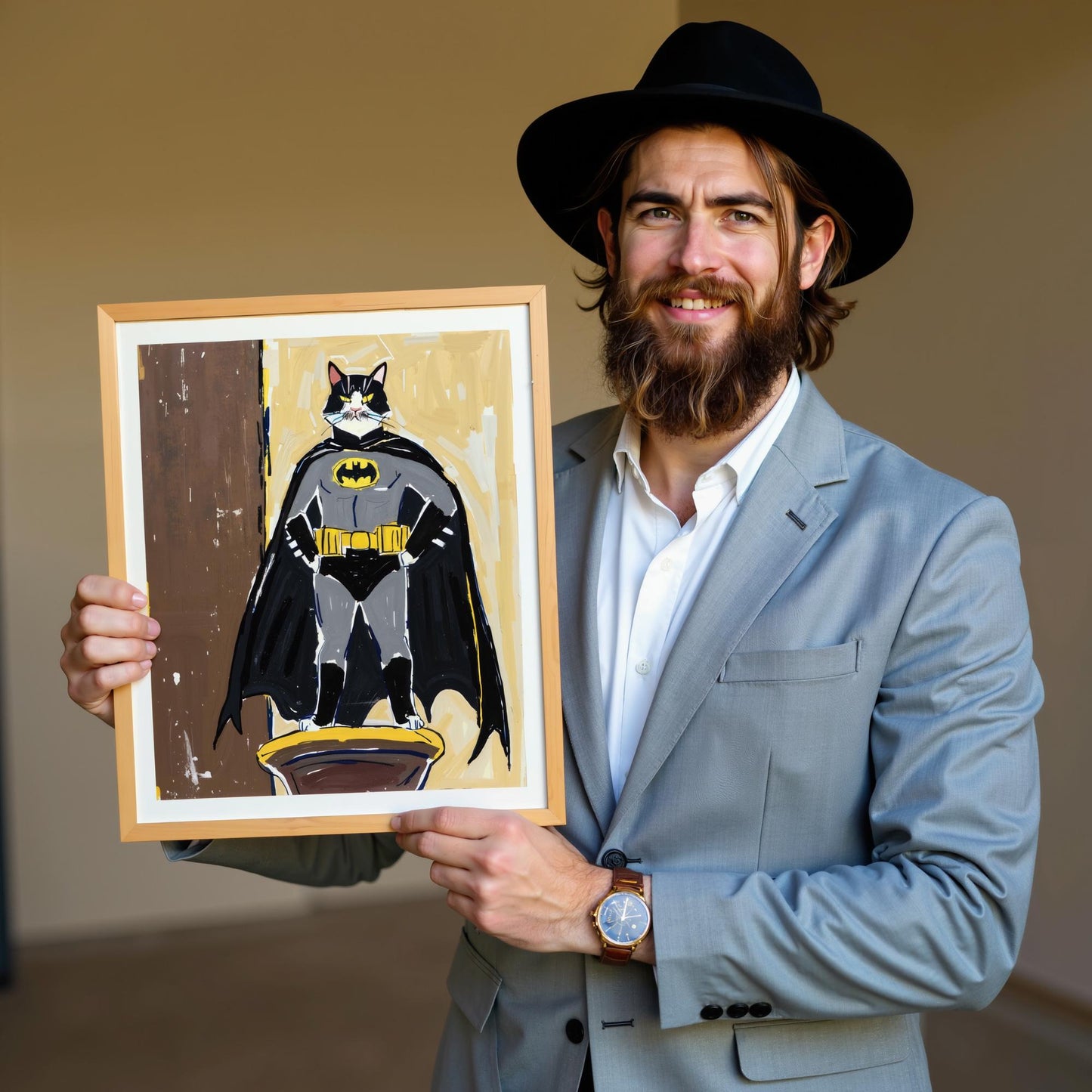 A smiling man holds a custom pet portrait on canvas, featuring a black and white cat dressed as Batman. The whimsical art captures the playful spirit of the pet with bold colors.
