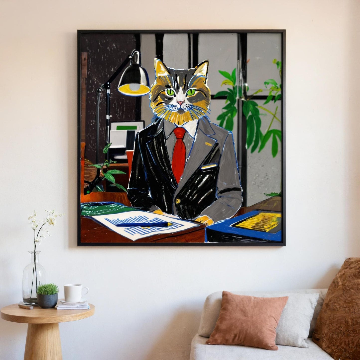 Custom pet portrait on canvas, featuring a calico cat dressed in a business suit, displayed in a living room. The whimsical art adds a touch of humor and sophistication to the space.