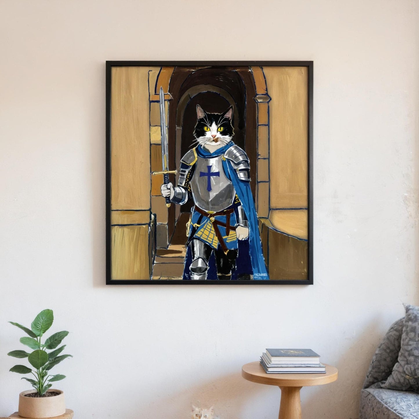 Custom pet portrait on canvas, featuring a black and white cat dressed as a knight in shining armor, displayed in a living room. The whimsical art captures the heroic spirit of the pet with vibrant colors.