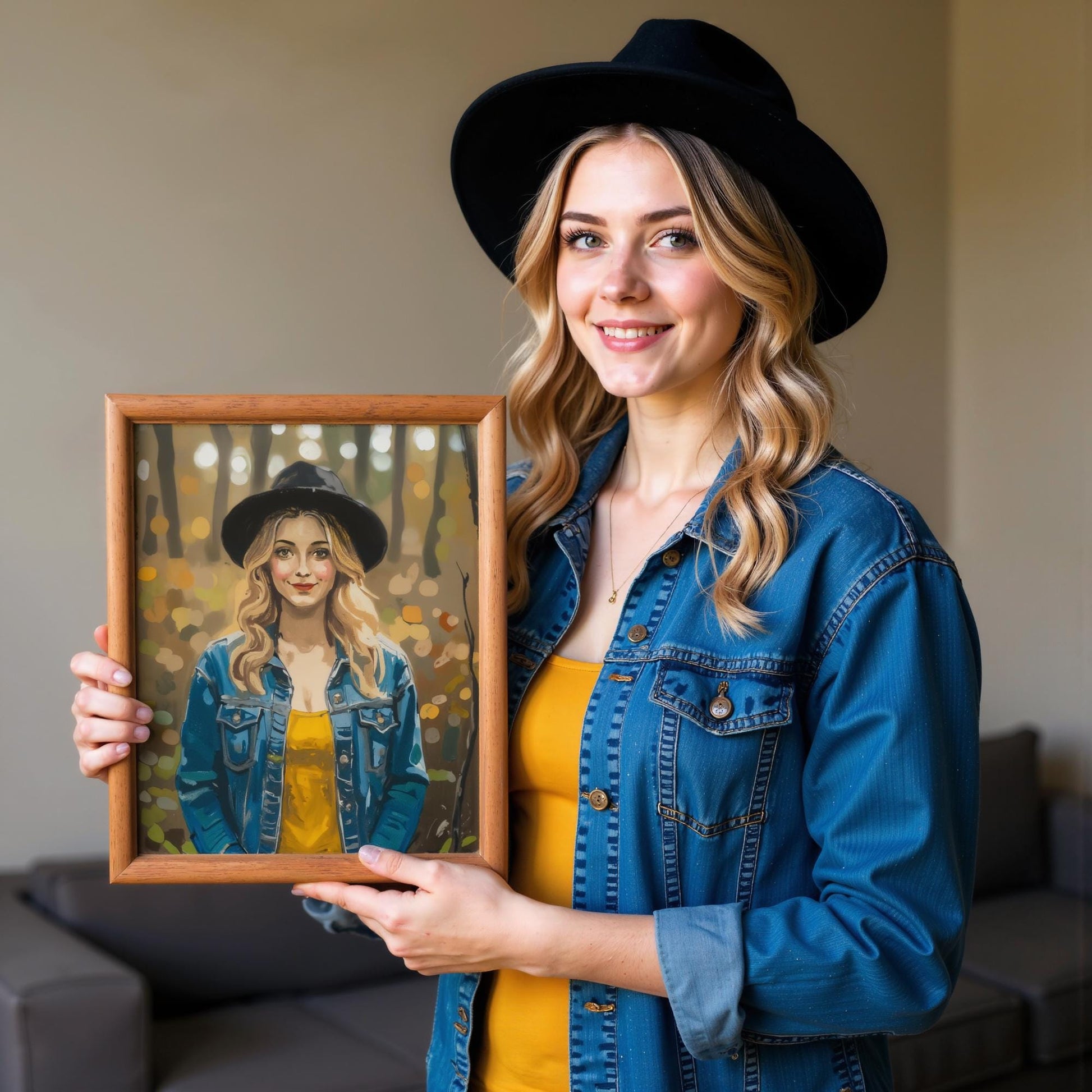 A woman holds a personalized portrait on canvas, showcasing her likeness in a stylish hat and denim jacket. The framed artwork captures her unique features and personal style with vibrant colors and expressive brushstrokes.