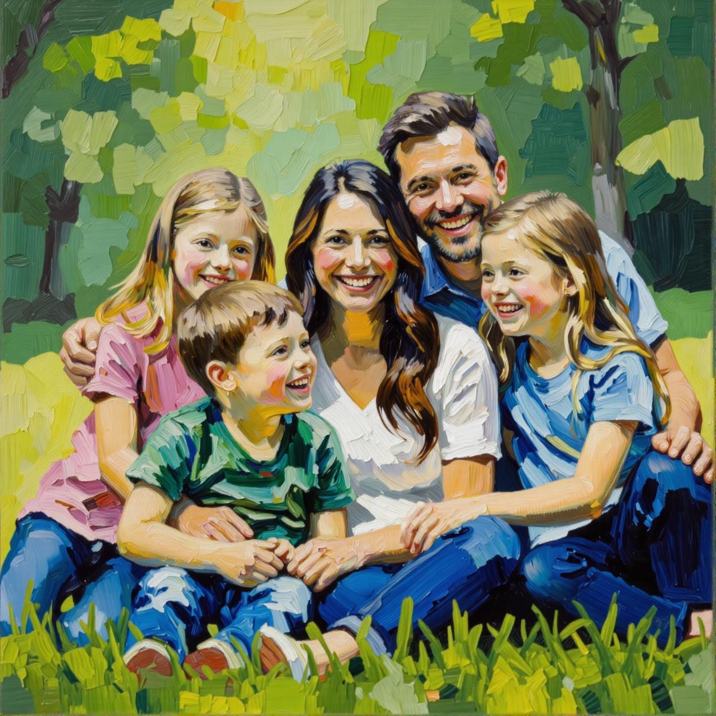 Custom family portrait on canvas, depicting a smiling family of five in a lush, green park. The artwork is a vibrant giclée print with expressive brushstrokes, creating a timeless and heartwarming keepsake.