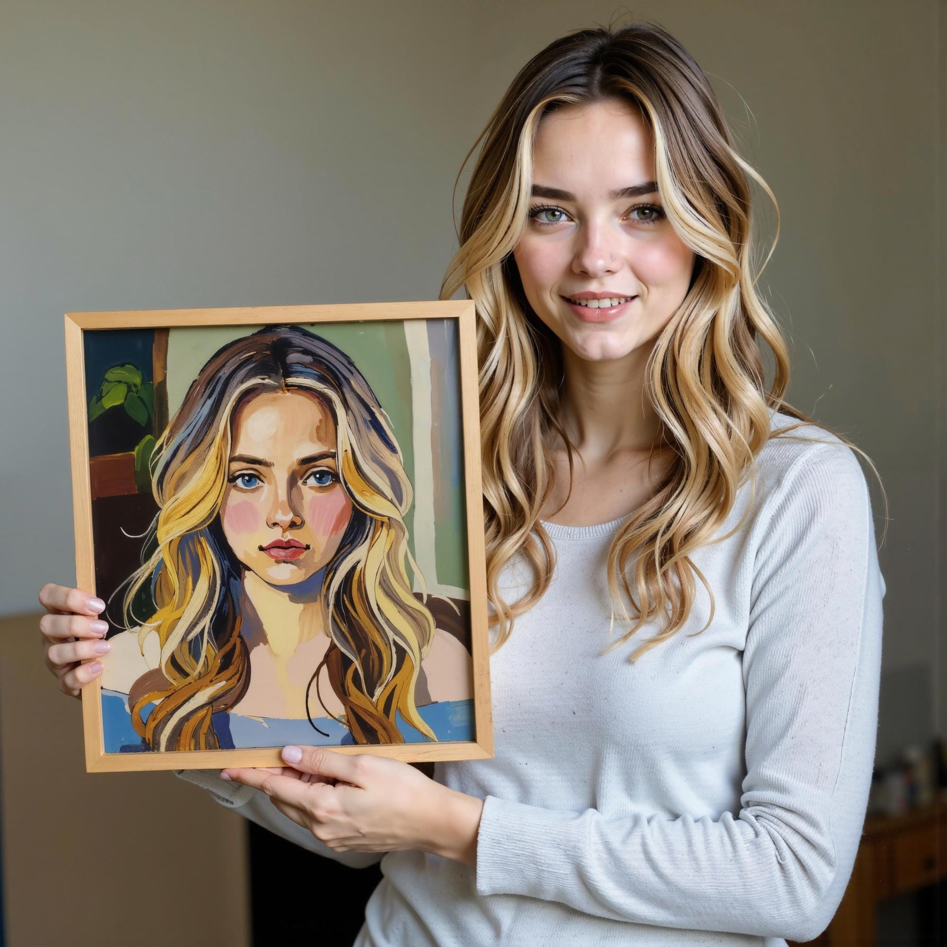 A woman holds a personalized portrait on canvas, showcasing a modern and vibrant depiction of herself with long, flowing hair. The framed artwork is a giclée print, capturing her unique features and style with bold brushstrokes.