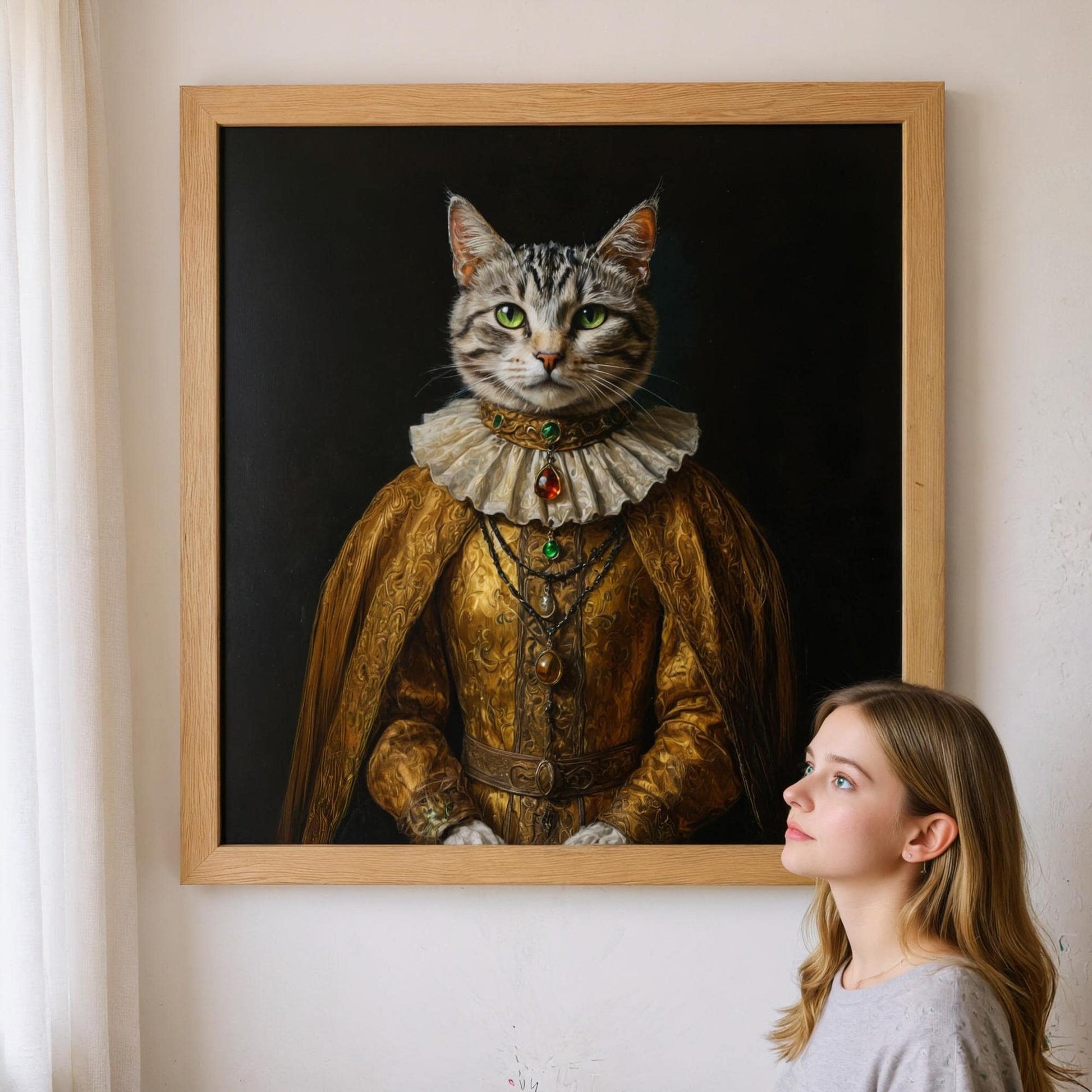 Custom pet portrait on canvas featuring a cat dressed in regal attire, complete with a ruffled collar and ornate gold robe. The giclée print is framed in light wood, adding a touch of whimsy to any room.