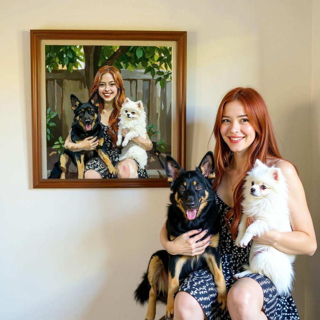 Custom thick oil pet portrait giclée canvas print of a woman with her two dogs, framed and displayed on a wall, with the actual woman and dogs sitting in front of it.