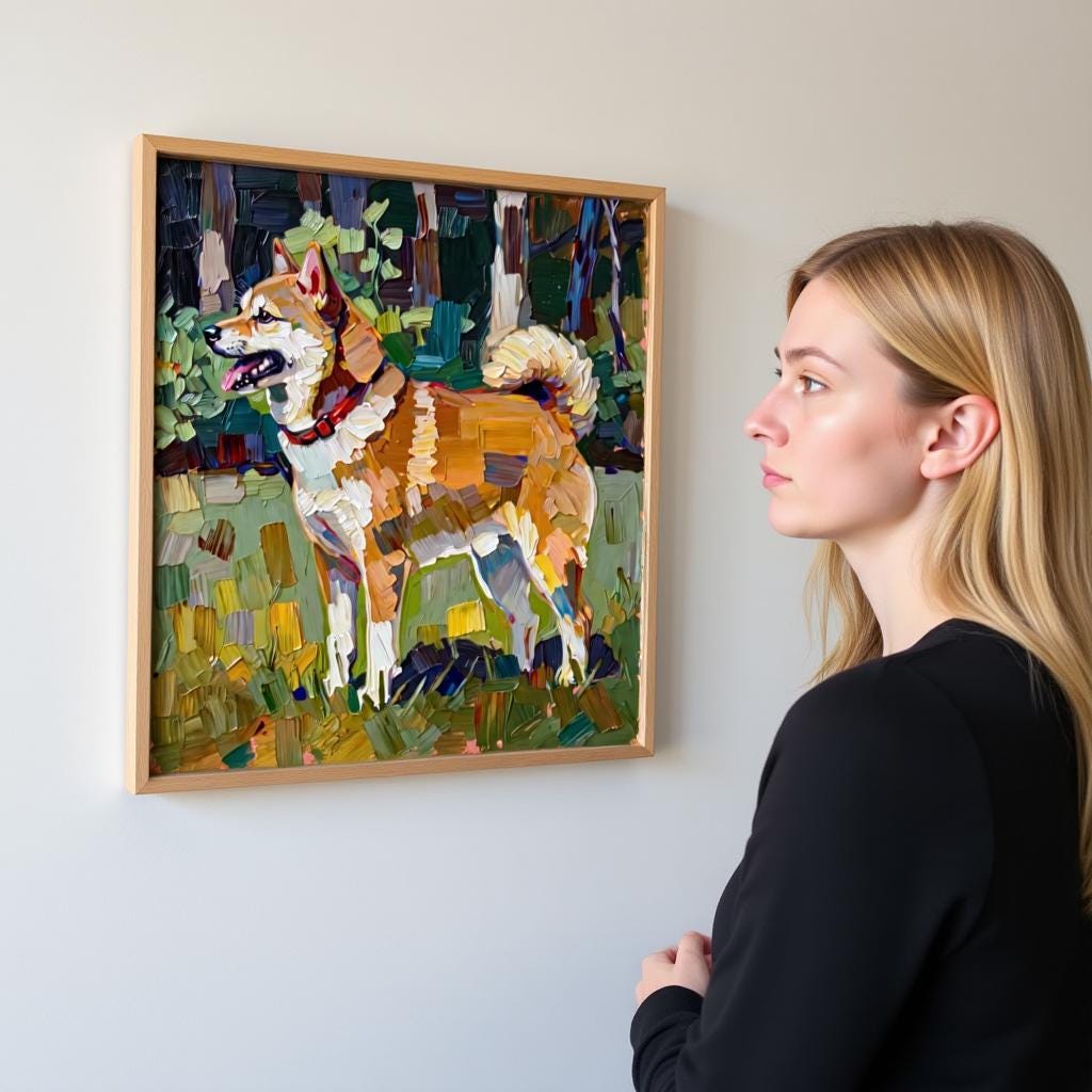 Custom thick oil pet portrait giclée canvas print of a Shiba Inu standing in a forest, framed and displayed on a white wall, with a woman admiring it.