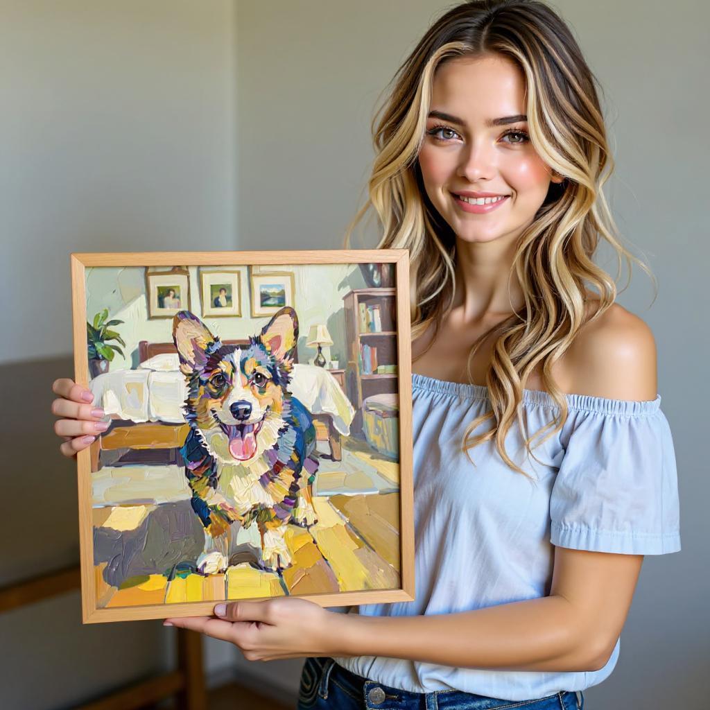 Custom thick oil pet portrait giclée canvas print of a Corgi in a bedroom setting, held by a smiling woman, showcasing the personalized artwork.