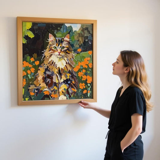 Custom thick oil pet portrait giclée canvas print of a cat sitting in a field of orange flowers, framed and displayed on a white wall, with a woman admiring it.