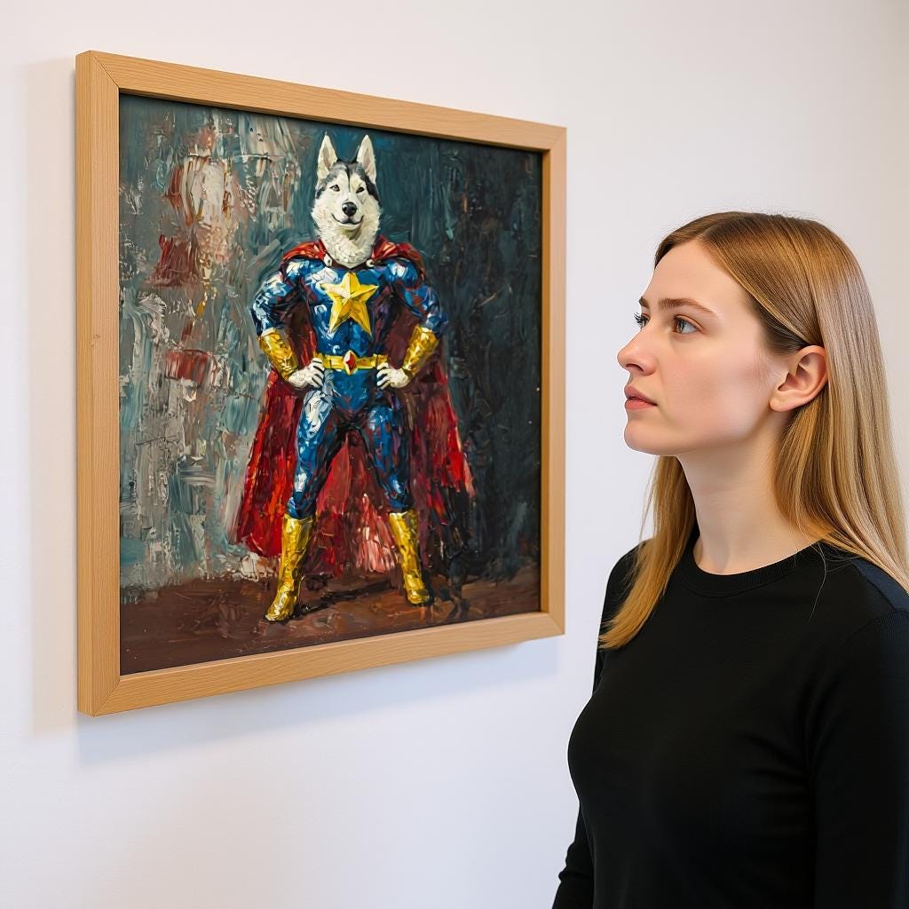 Custom heroic pet portrait on canvas, featuring a husky dressed as a superhero with a cape and a star on its chest. The artwork is a giclée print with thick oil paint texture, adding a touch of whimsy and fun to any room.