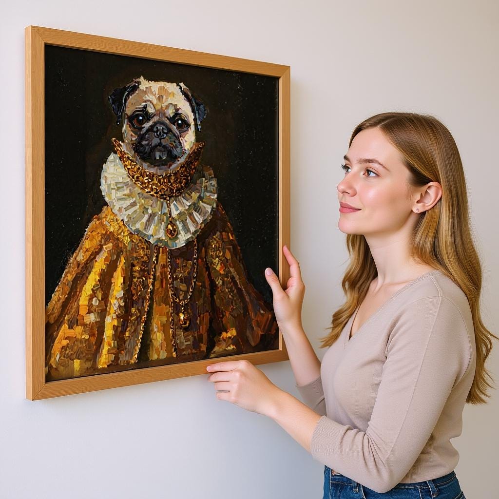 Custom medieval pet portrait on thick oil canvas, featuring a pug dressed in a golden royal gown with a ruffled collar and ornate jewelry. The giclée print is framed in light wood, adding a touch of humor and elegance to any room.