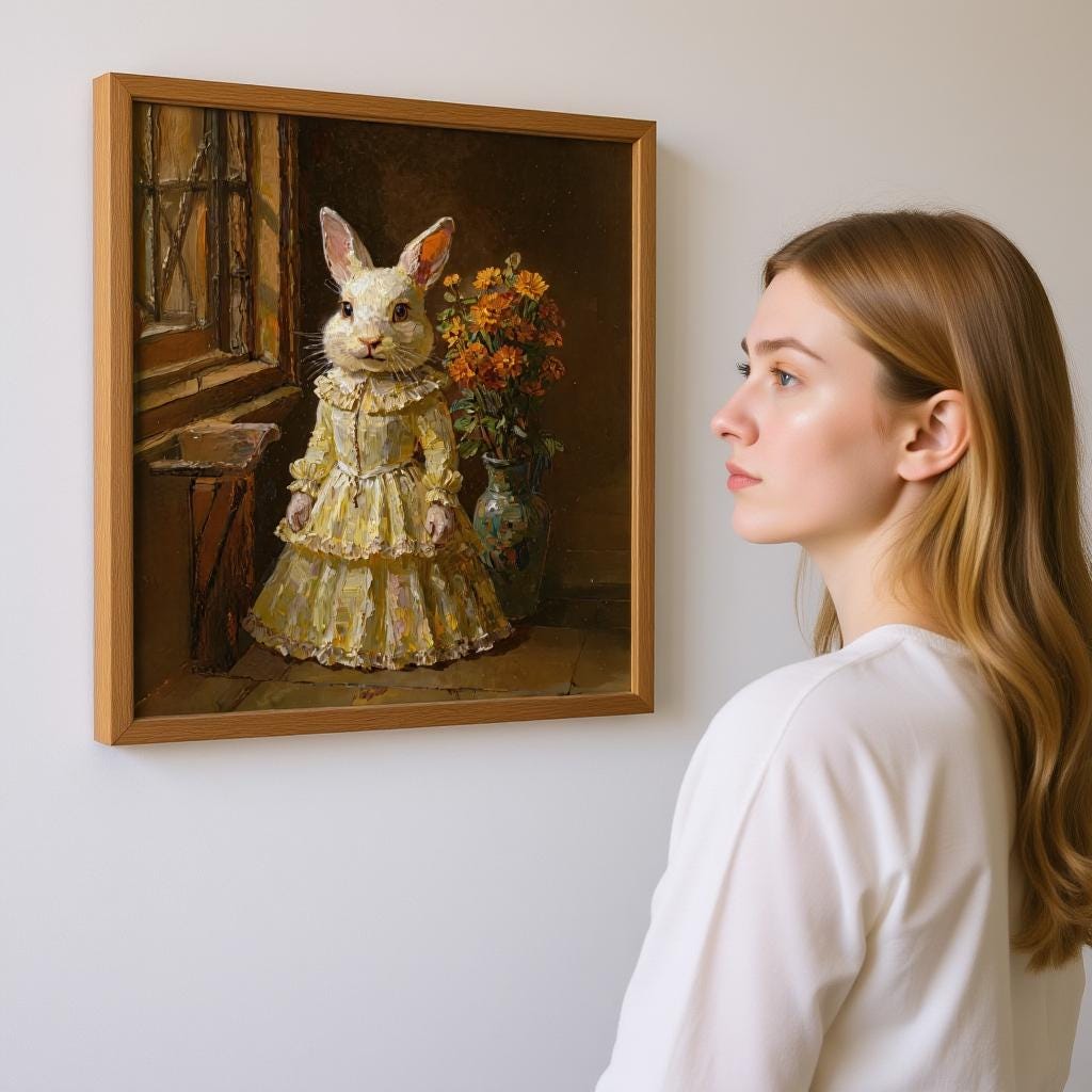 Custom medieval pet portrait on canvas, featuring a rabbit dressed in a yellow vintage dress with a vase of flowers in the background. The framed artwork captures the elegant and charming look of the pet with thick oil paint texture.