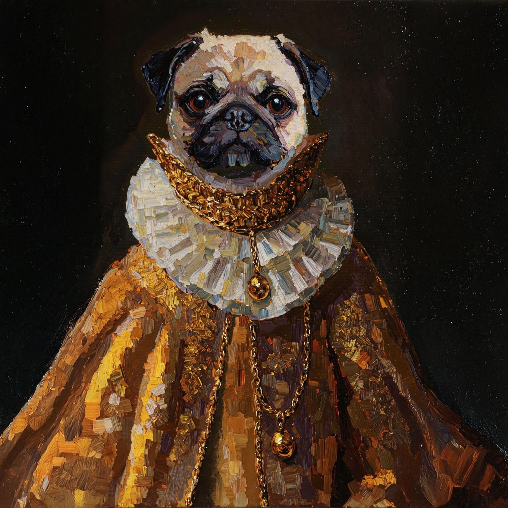 Close-up of a custom medieval pet portrait on thick oil canvas, featuring a pug dressed in a golden royal gown with a ruffled collar and ornate jewelry. The giclée print showcases the intricate details and texture of the oil paint.