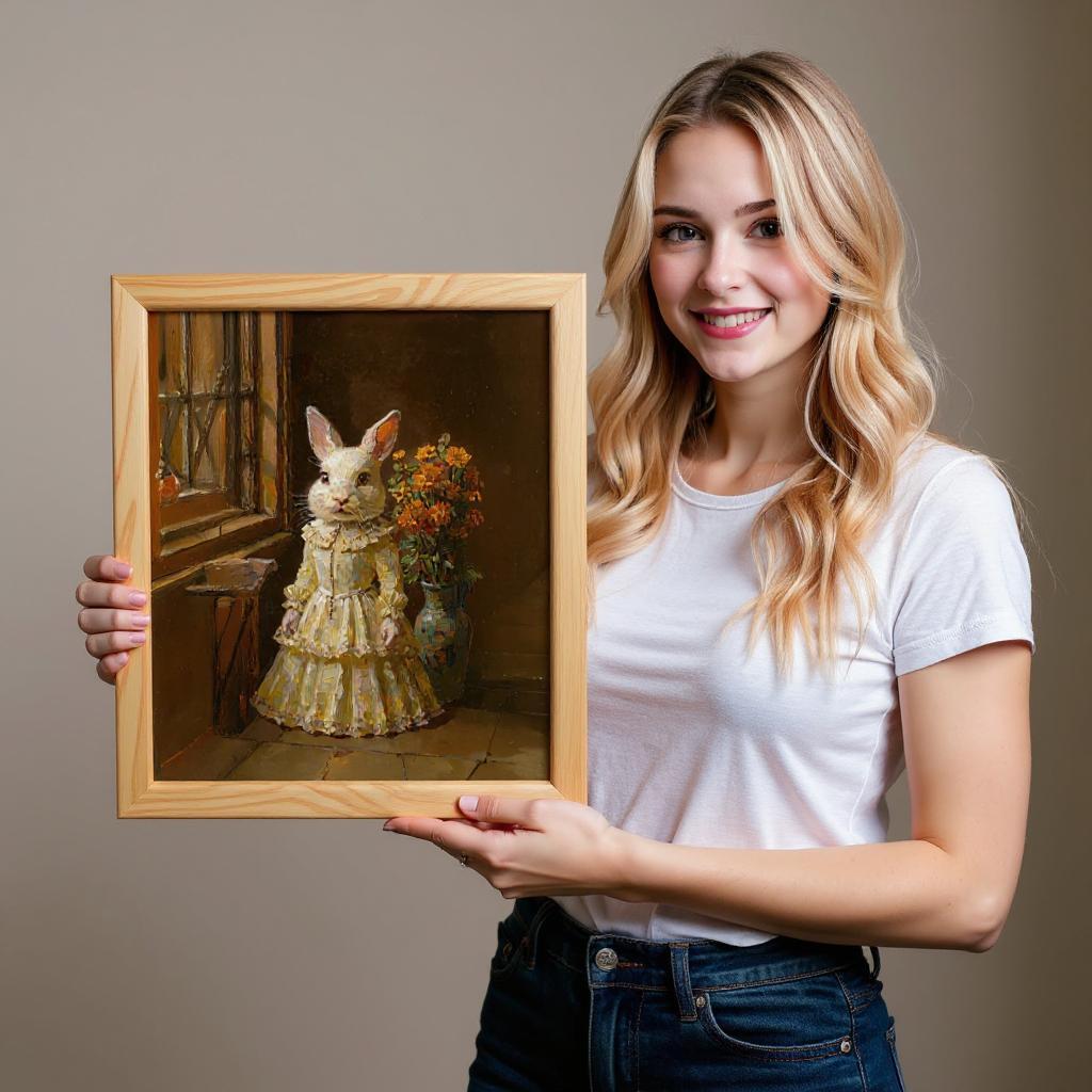 A woman holds a custom medieval pet portrait on canvas, depicting a rabbit dressed in a yellow vintage dress with a vase of flowers in the background. The framed artwork captures the elegant and charming look of the pet with thick oil paint texture.