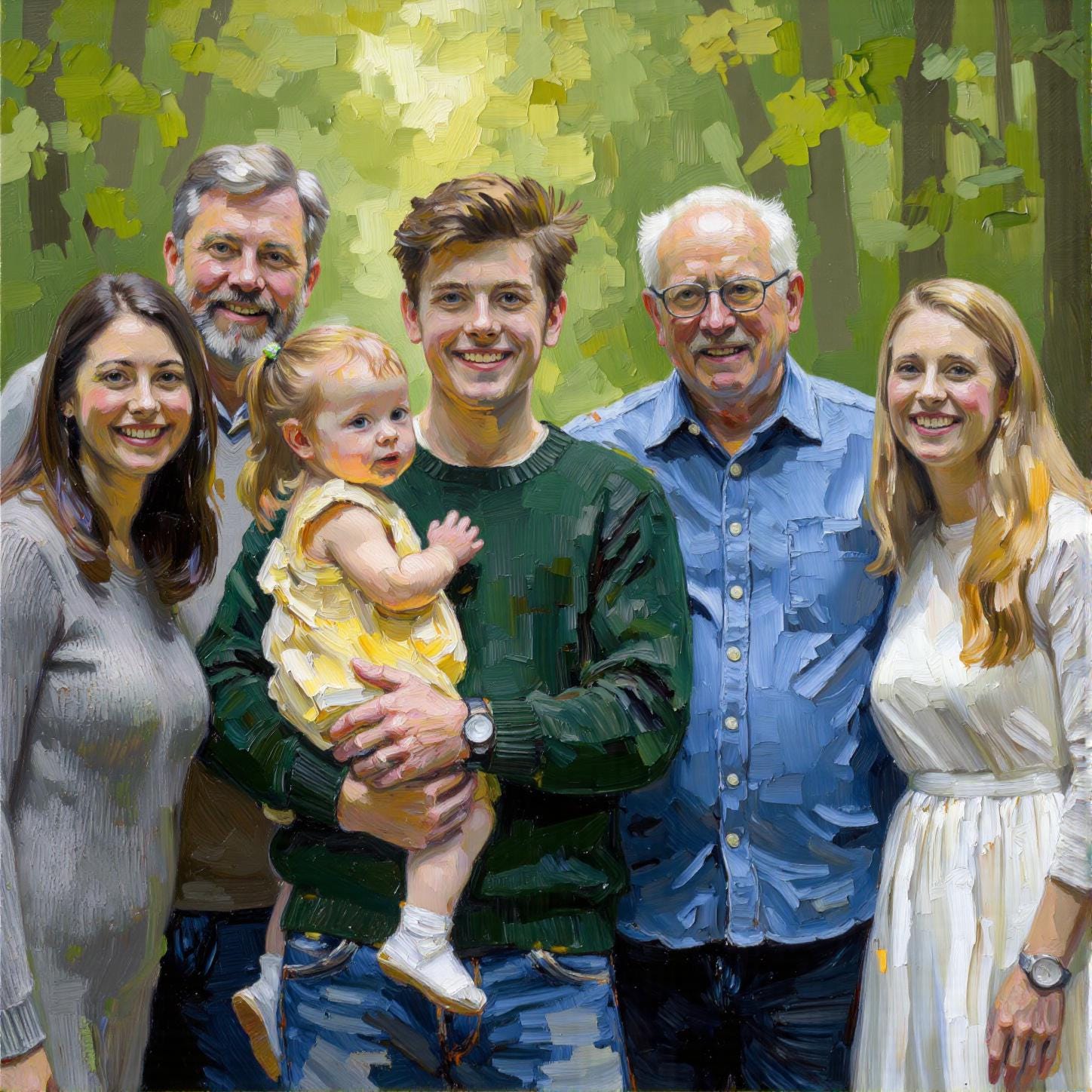 Custom oil thick paint family portrait canvas print, depicting a family of six in a lush green forest. The giclée art is a personalized family portrait with thick oil paint texture, capturing the warmth and joy of the family.