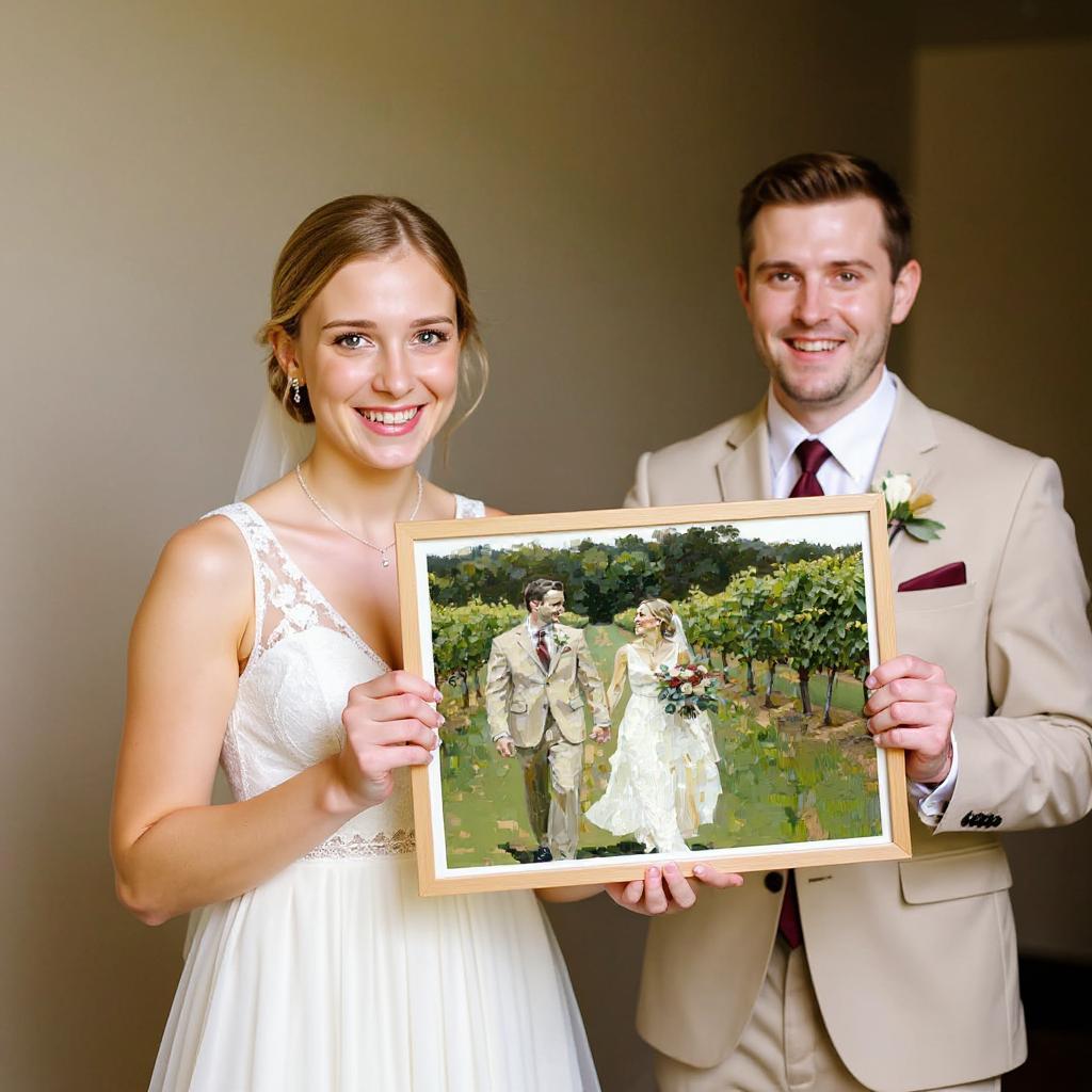A newlywed couple holds a custom oil thick paint family portrait on canvas, depicting them walking through a vineyard. The personalized giclée art has a thick oil paint texture, capturing their special day with vibrant colors and warmth.