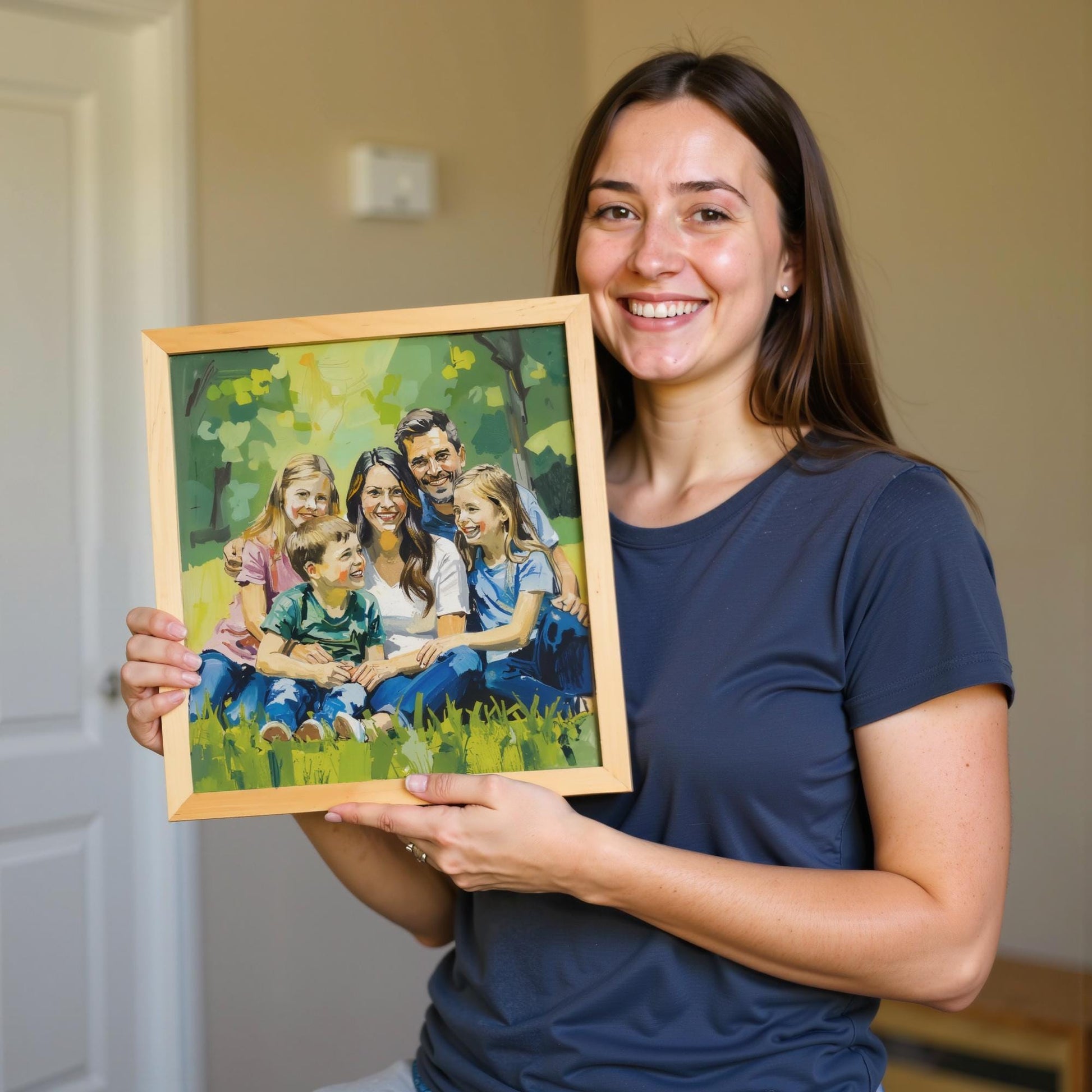 A woman holds a custom oil thick paint family portrait on canvas, depicting a family of six in a park. The personalized giclée art has a thick oil paint texture, capturing the warmth and joy of the family.