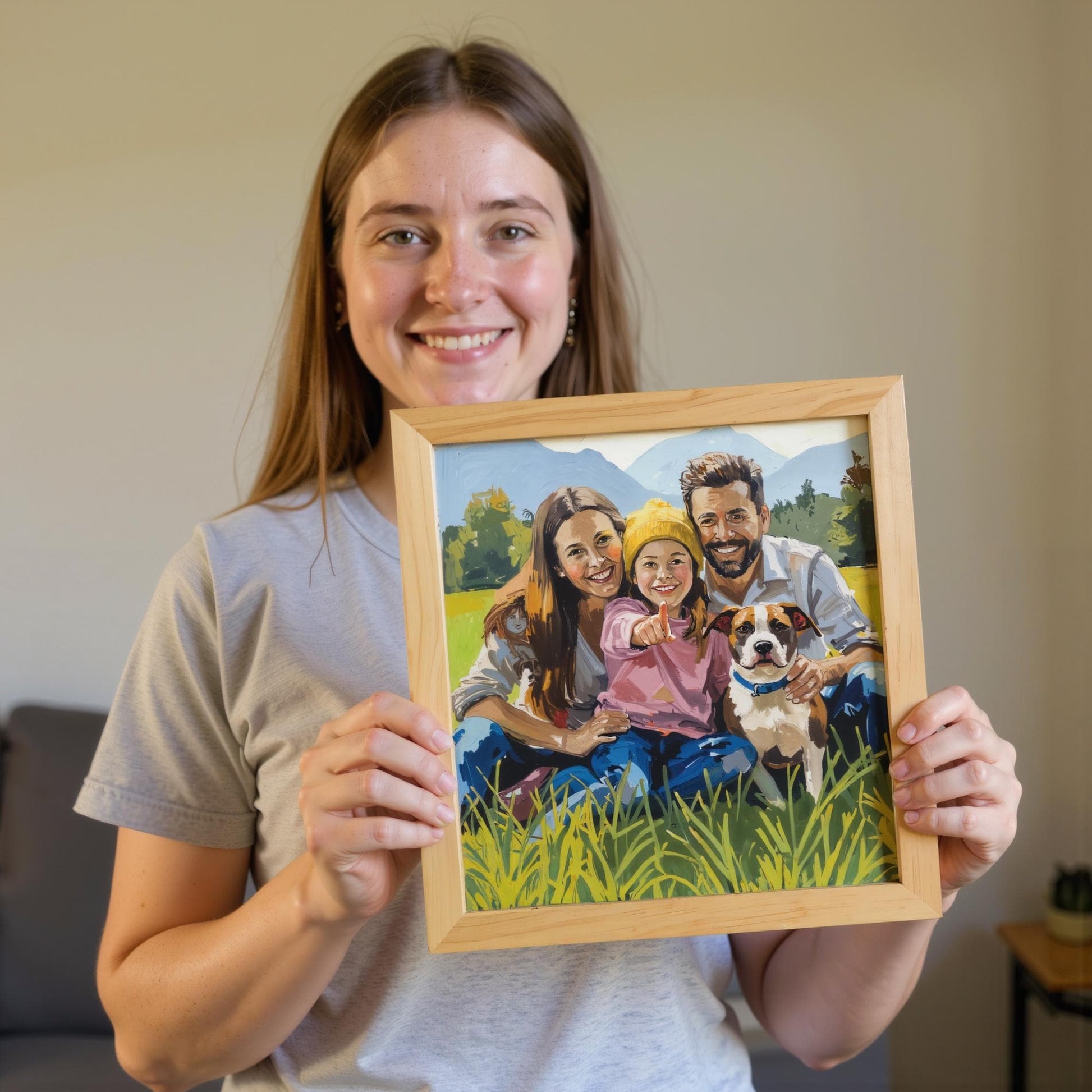 A woman holds a custom oil thick paint family portrait on canvas, depicting a family of three with their dog in a field. The personalized giclée art has a thick oil paint texture, capturing the love and warmth of the family.