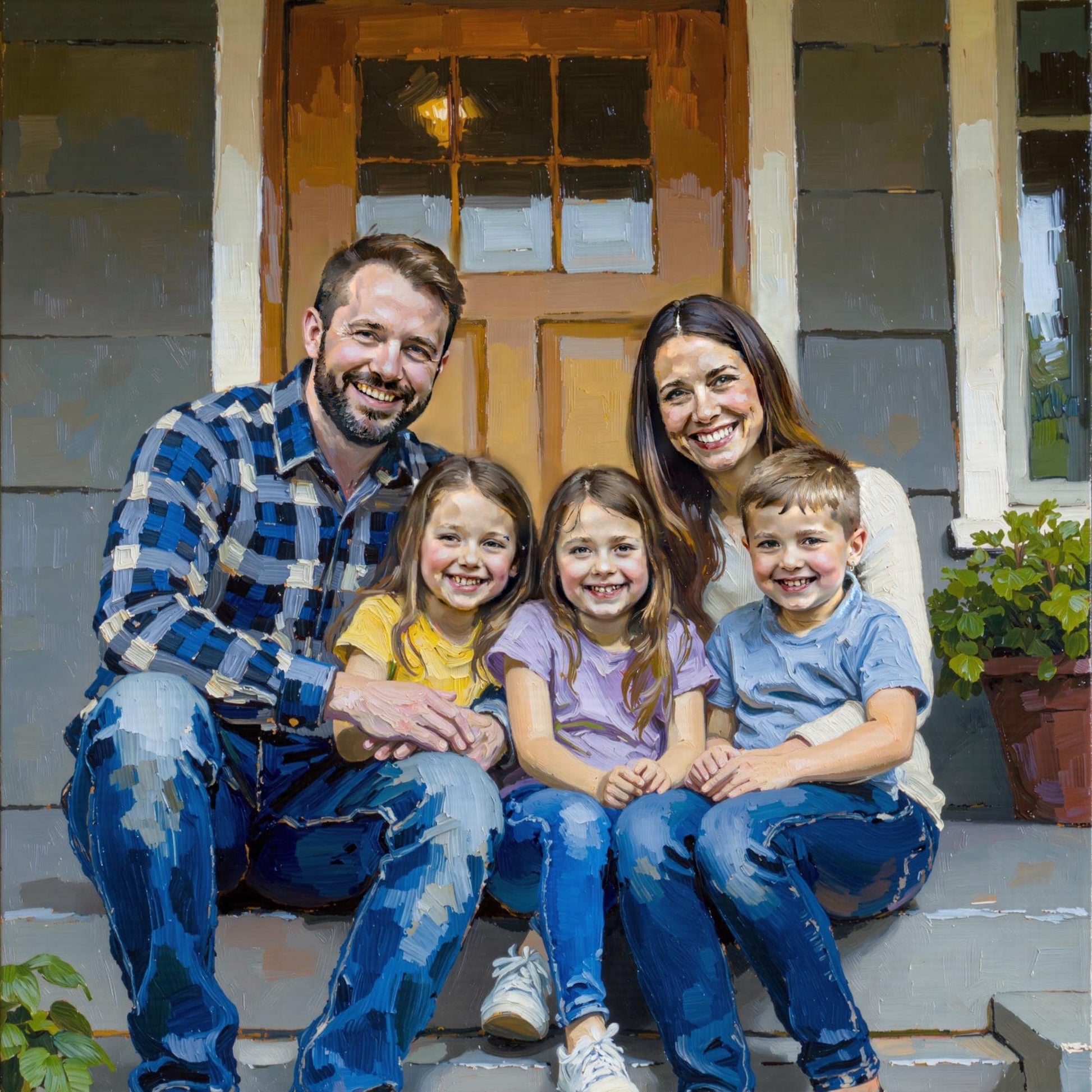 Custom oil thick paint family portrait on canvas, featuring a family of five sitting on the steps of their home. The personalized giclée art has a thick oil paint texture, capturing the warmth and joy of the family.