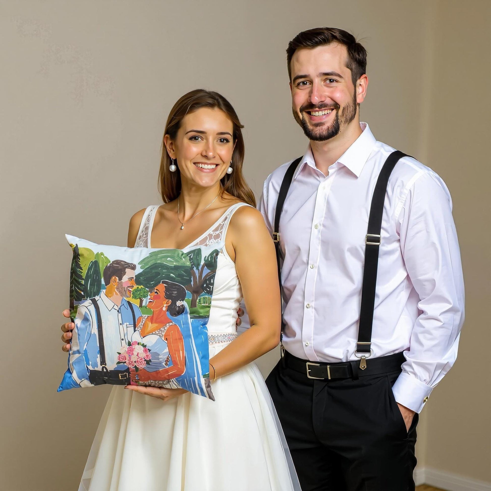 Square pillow with a couple in a blue - sky green - tree scene. Colorful, romantic, personalized wedding memory.