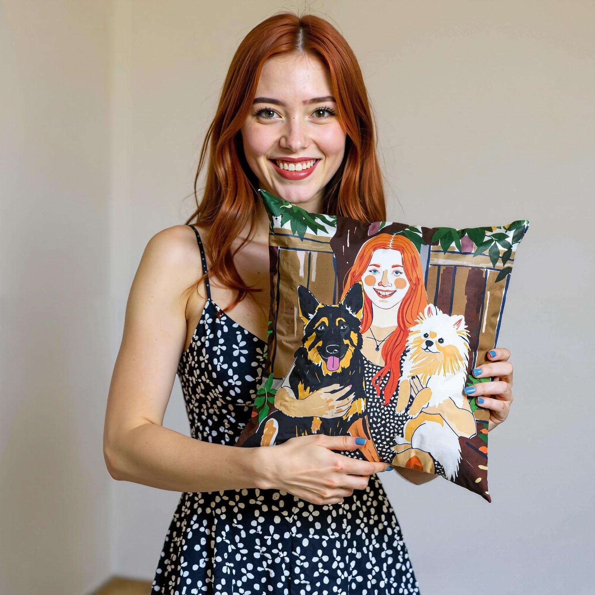 A woman holds a custom portrait throw pillow illustrating herself with her German Shepherd and Pomeranian, capturing a special bond in a colorful and personalized design.