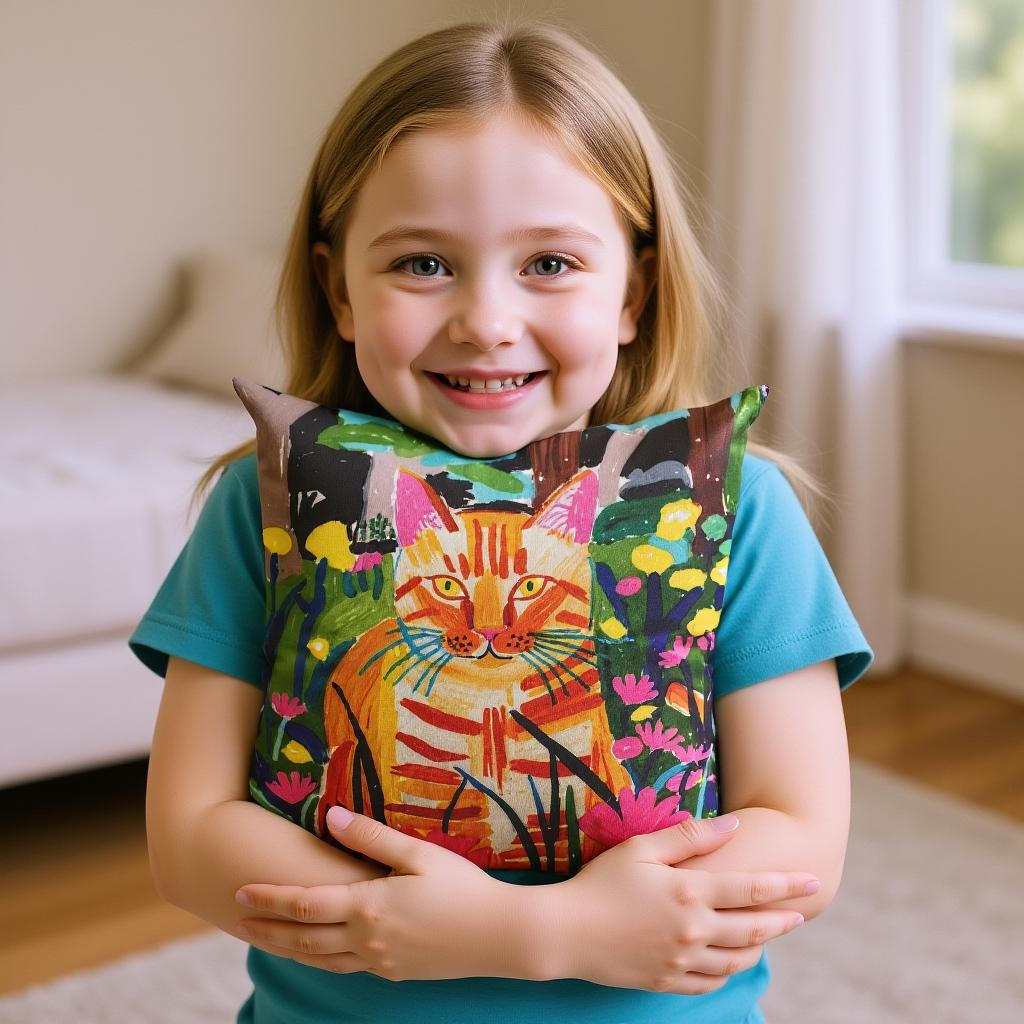 A young girl holds a custom portrait throw pillow featuring a vibrant, whimsical illustration of an orange tabby cat surrounded by colorful flowers. The pillow serves as a unique and personalized keepsake.