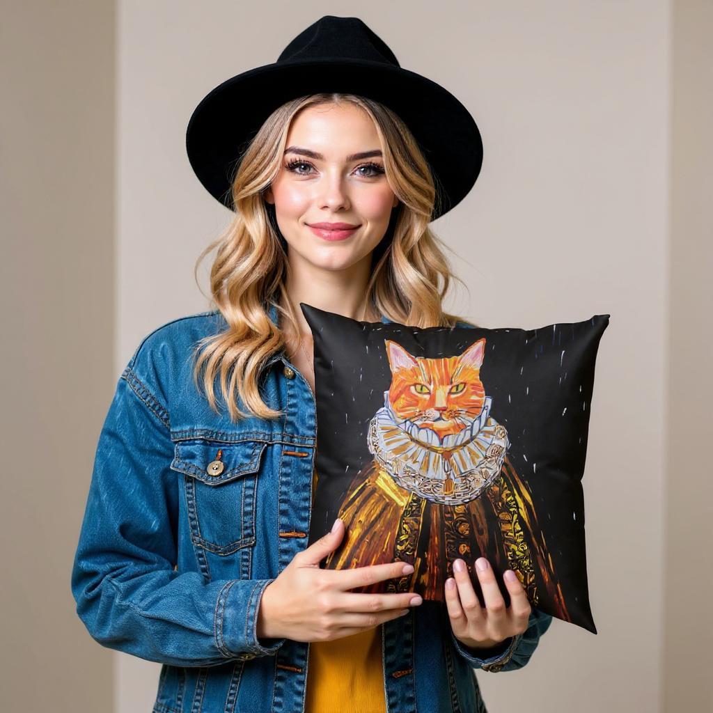 A woman holds a custom medieval pet portrait pillow featuring a ginger cat dressed in a Renaissance-style gown with a ruffled collar. The whimsical art adds a touch of humor and elegance.