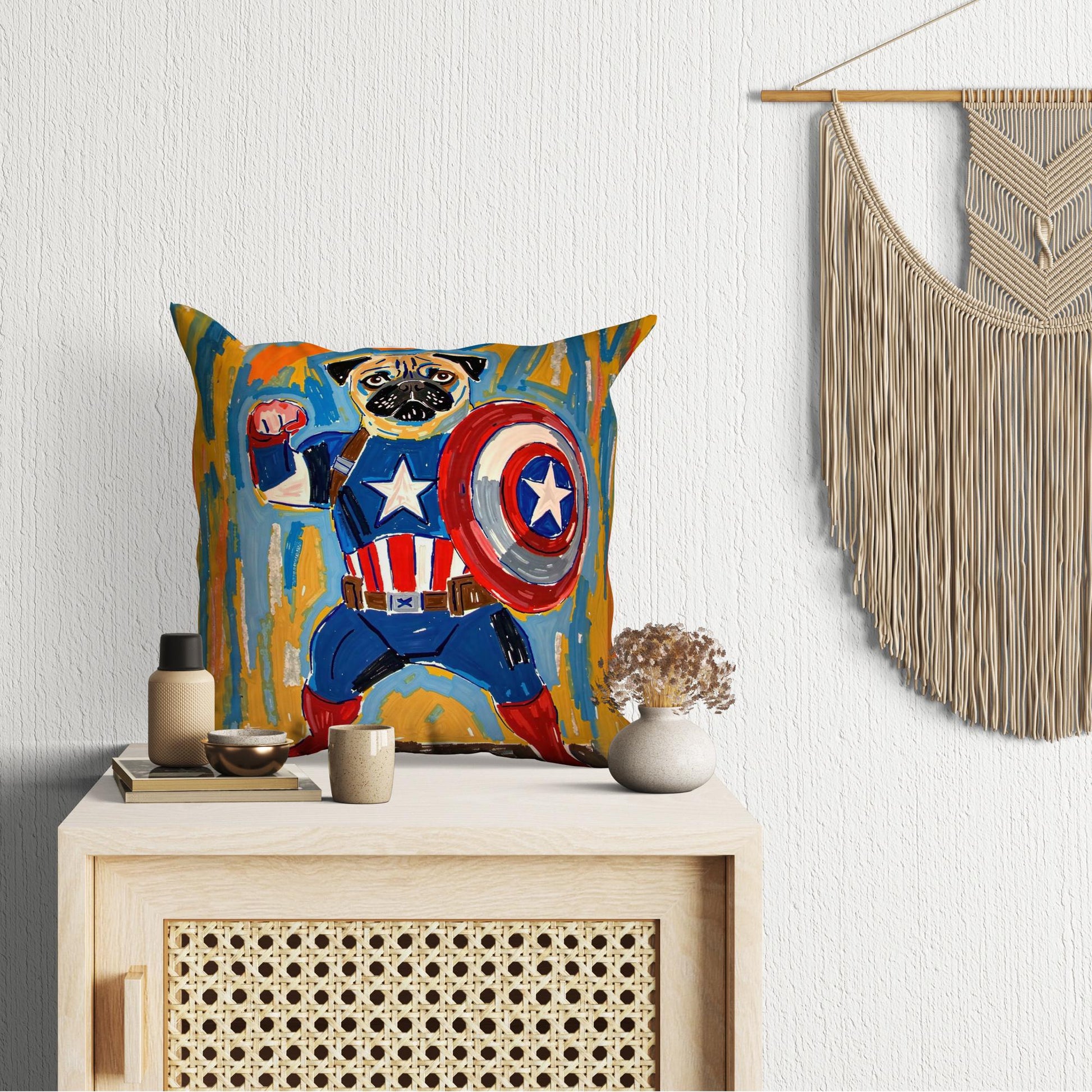 Custom medieval pet portrait pillow featuring a pug dressed as Captain America, displayed on a wooden cabinet with decorative items. The whimsical art captures the heroic spirit of the pet.