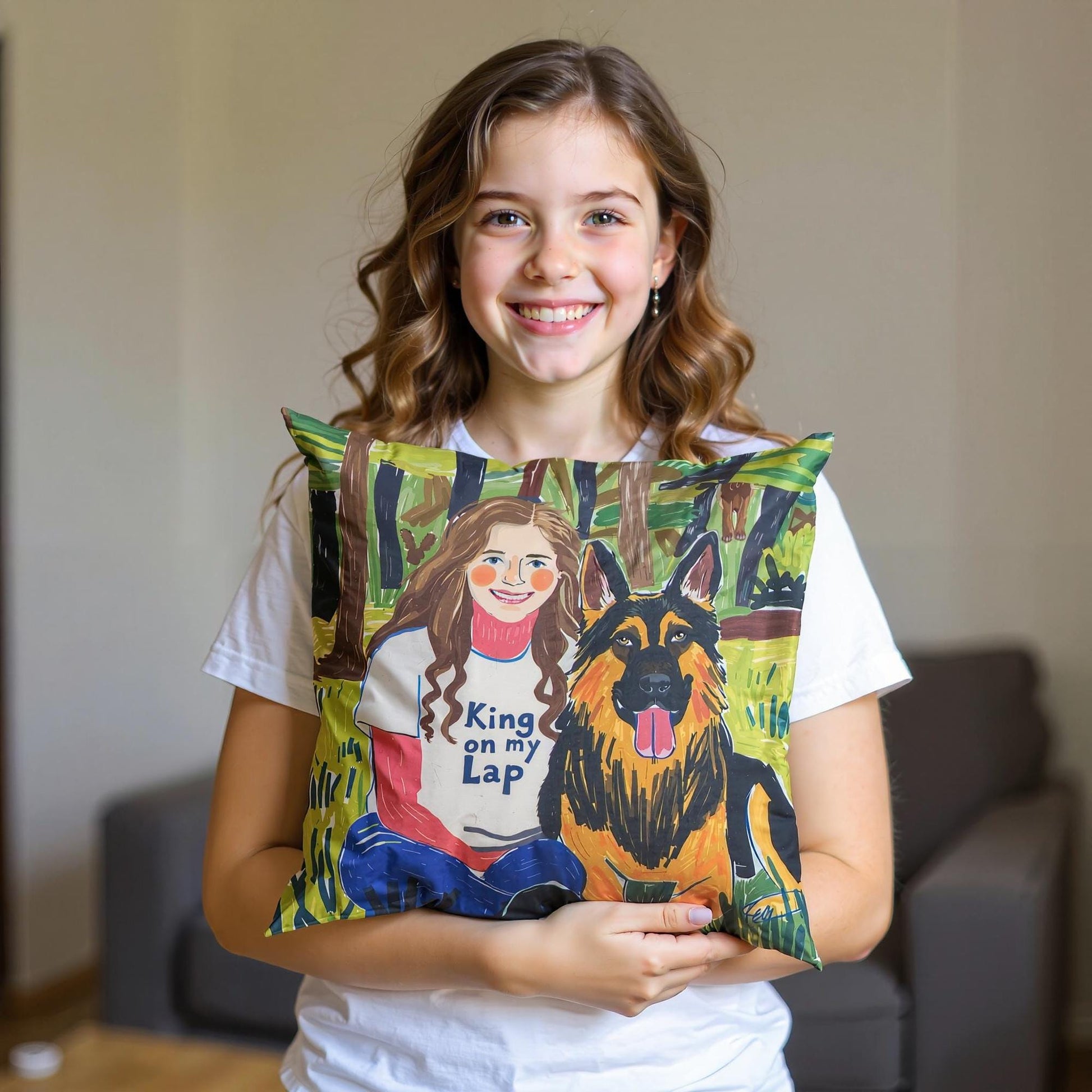 A young girl holds a custom medieval pet portrait pillow featuring an illustration of herself with her German Shepherd, capturing a special bond in a colorful and personalized design.