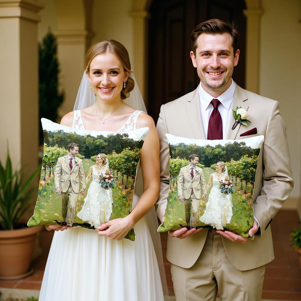 Custom Painted Wedding Pillow - Personalized Couple Portrait - Soft Faux Down Pillow for Wedding Gift