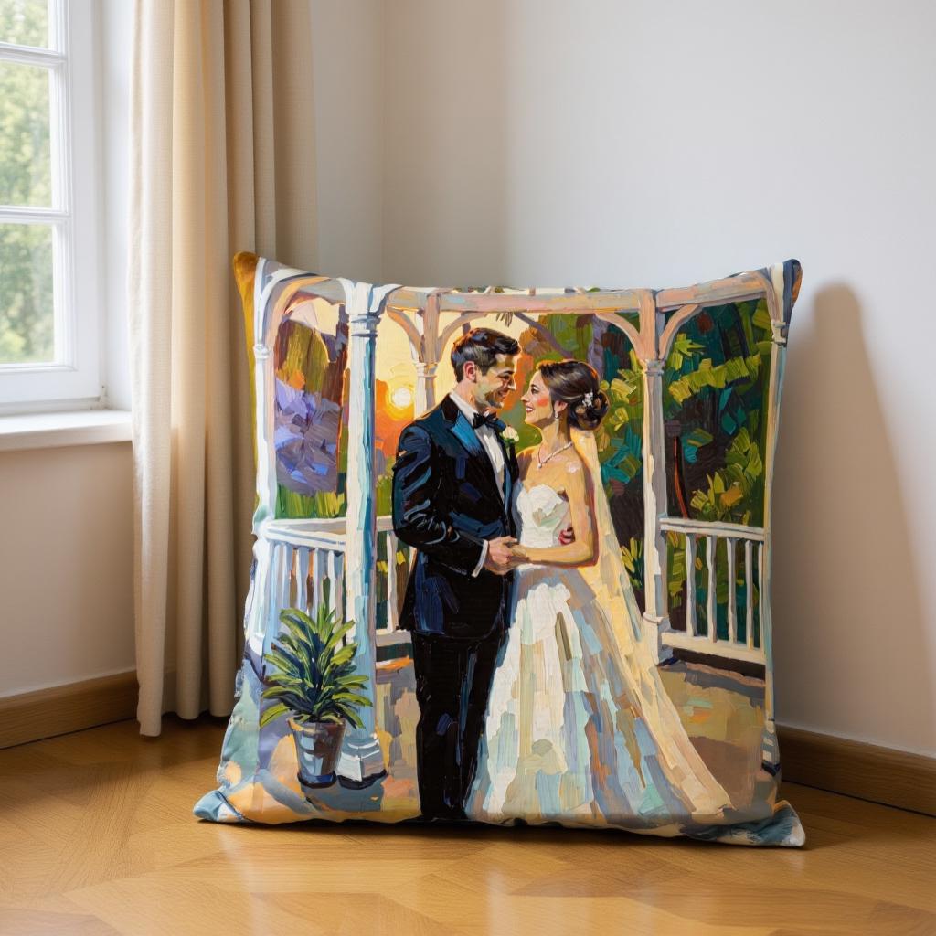 Wedding Memory Throw Pillow - Custom Couple Portrait in Oil Painting Style - Soft Faux Down Pillow Gift