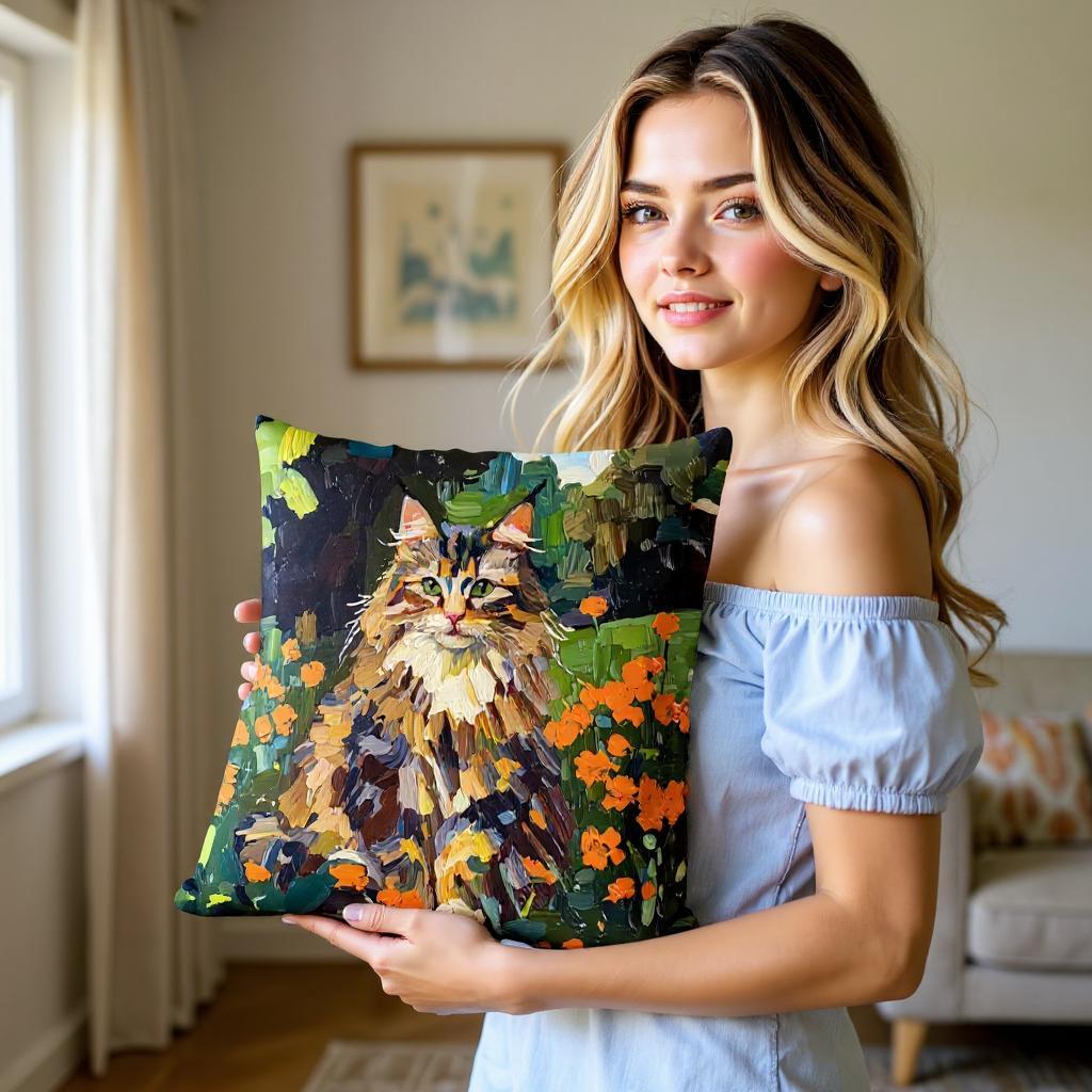 Custom Pet Face Pillow - Illustrated Style Dog Cat Portrait - Faux Down Throw Pillow