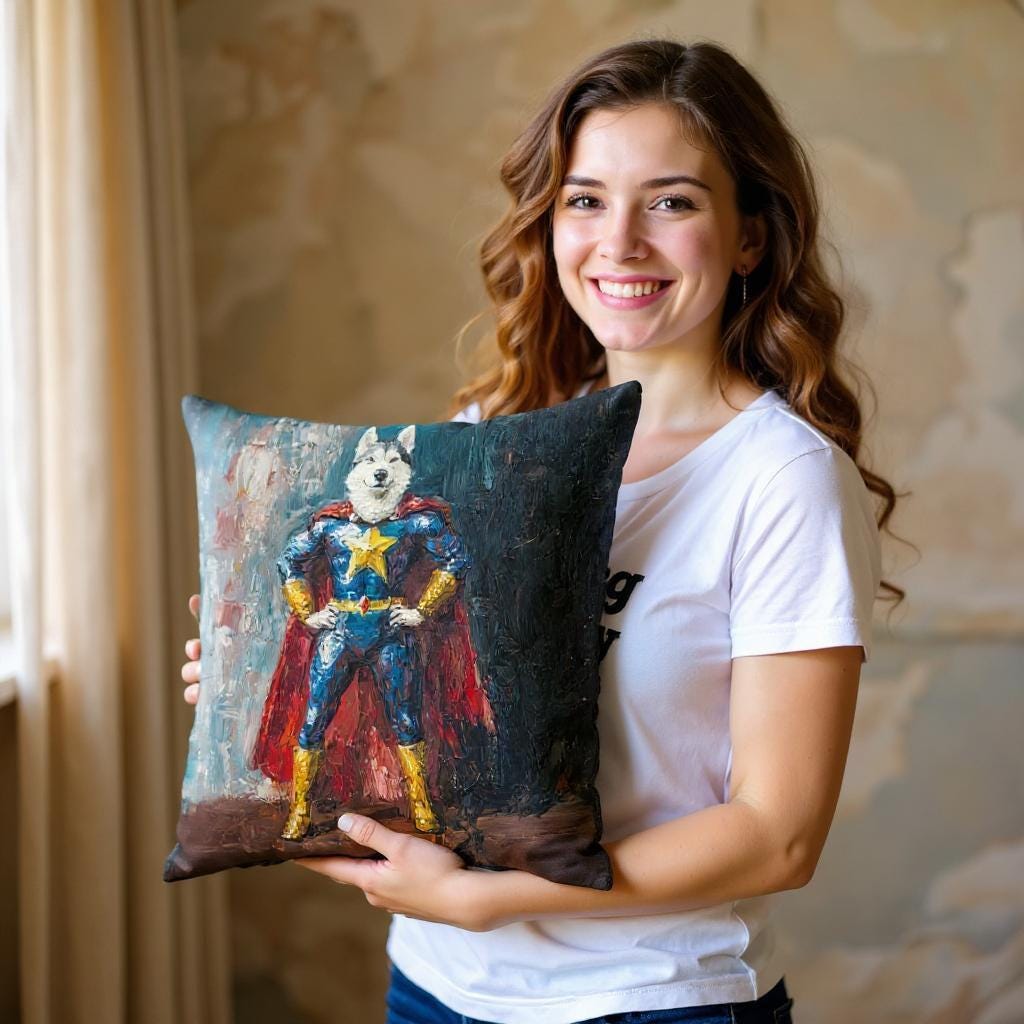 Personalized Pet Hero Pillow - Superhero Cat or Dog Portrait in Oil Paint Style