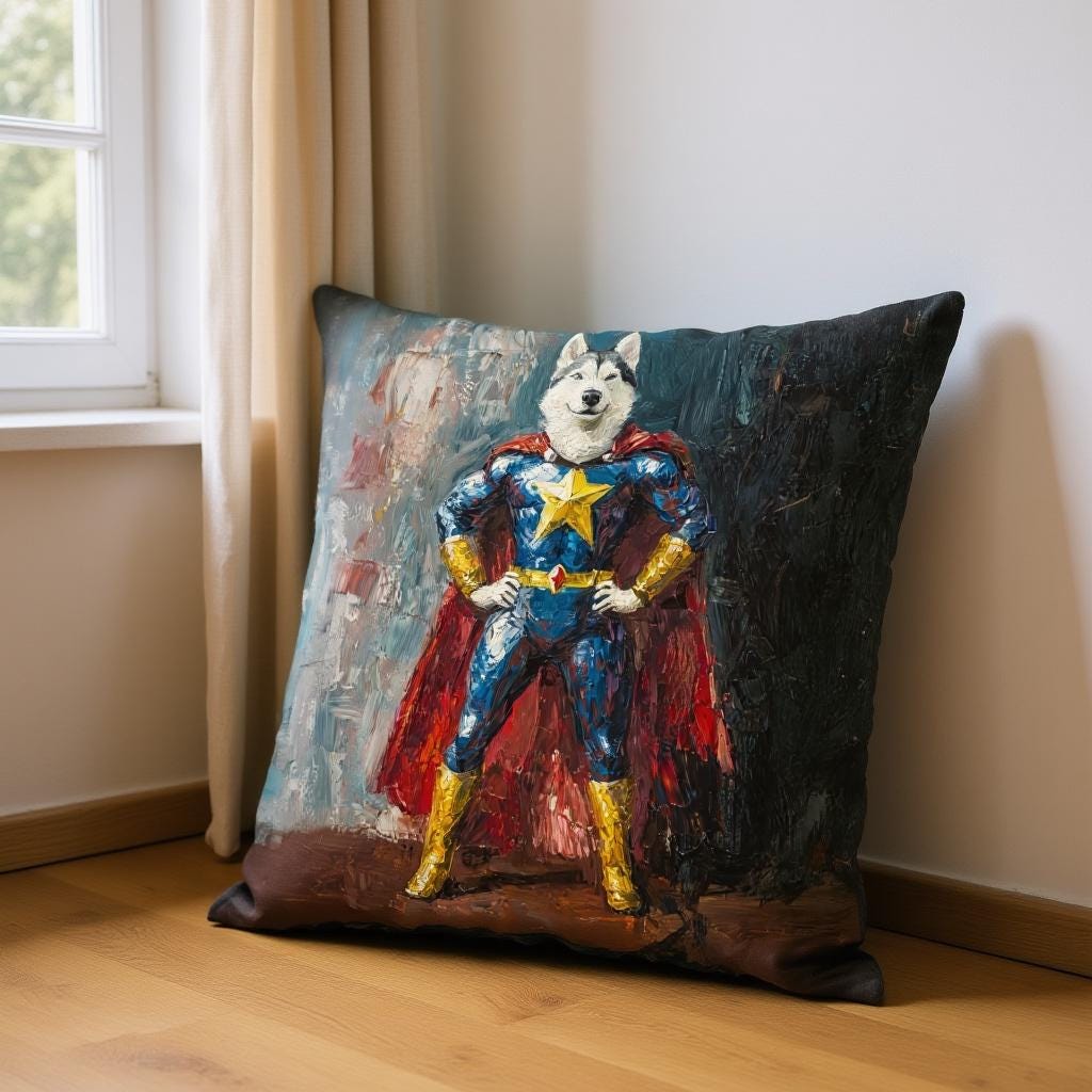 Pet in Costume Pillow - Custom Thick Oil Painting of Dog Cat as Knight or Hero