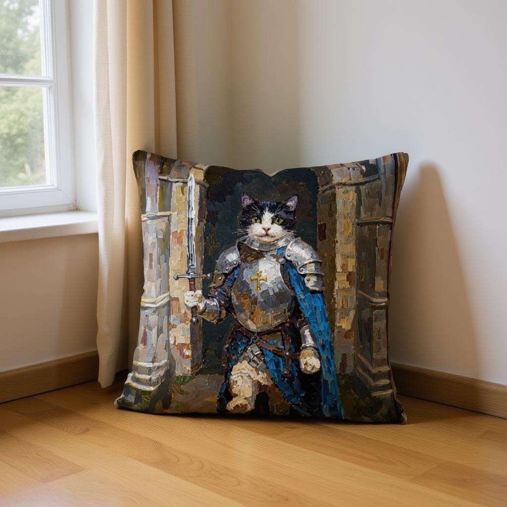 Pet Knight Portrait Pillow - Hand Painted Thick Oil Dog Cat in Armor Gift