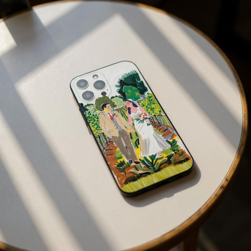 A custom wedding portrait iPhone case featuring an illustration of a bride and groom in a garden, creating a whimsical and artistic accessory.