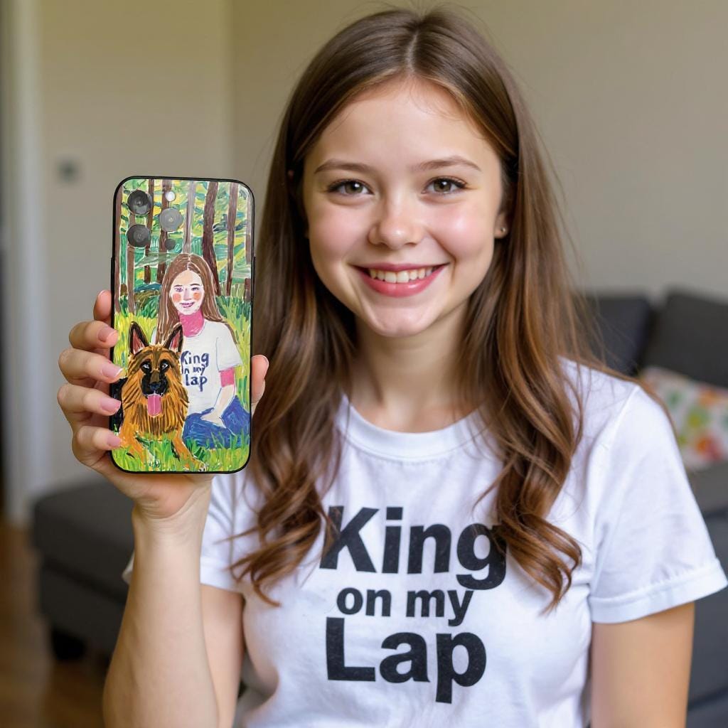 iPhone case showing a woman with a German Shepherd in a forest. "King on my Lap" text, colorful, focused on the case and her smile.