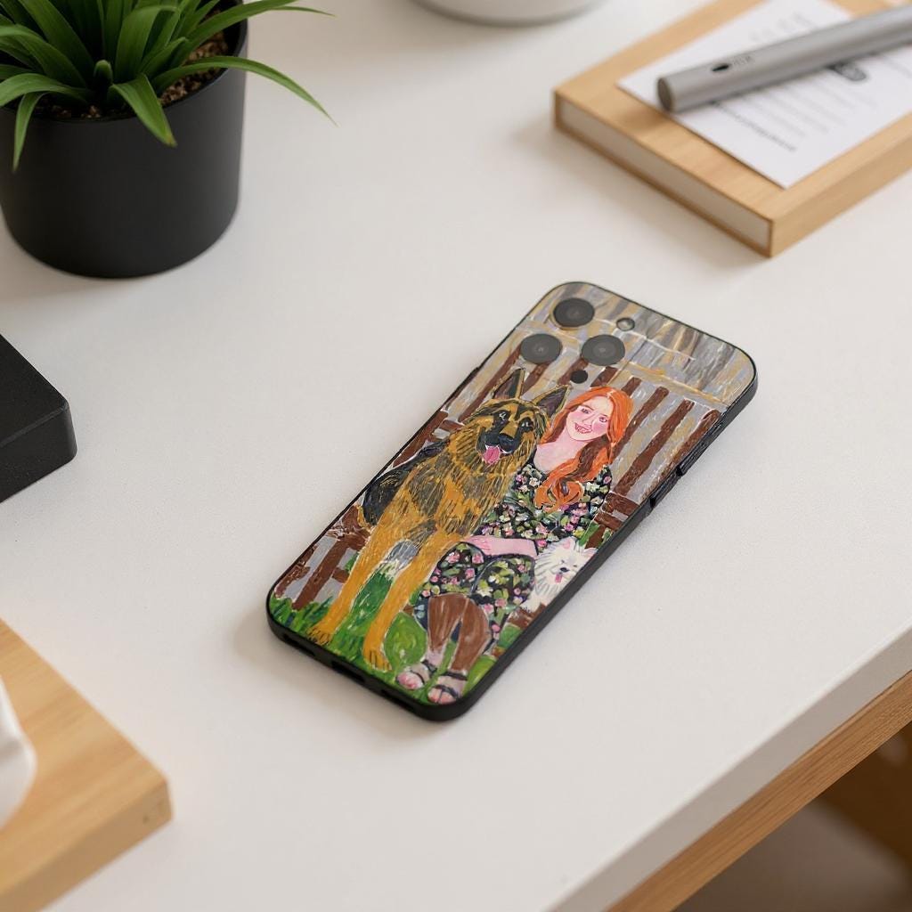 iPhone case with a red - haired woman and a German Shepherd. Glossy finish, detailed brush strokes, balanced composition, pet lover gift.