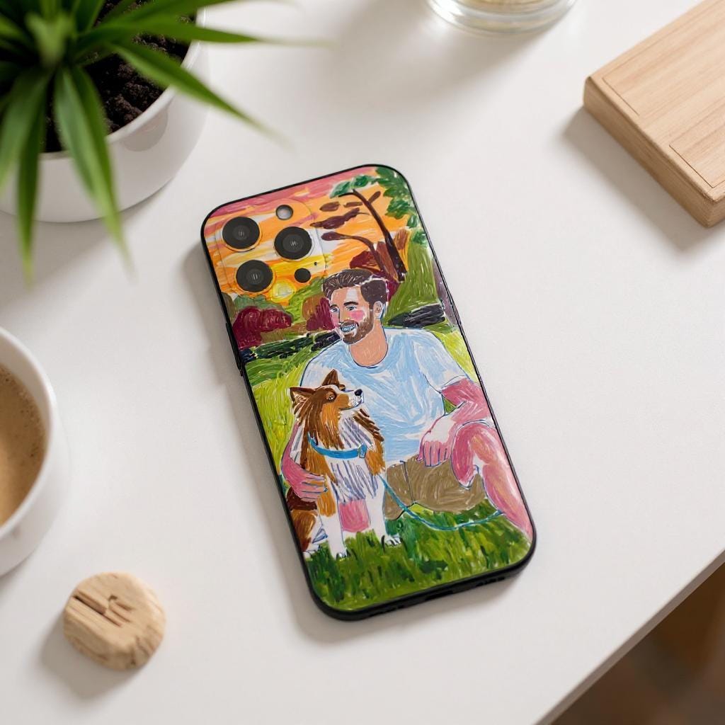 iPhone case with a man and his dog on a grassy field at sunset. Serene atmosphere, precise cutouts, warm and companionate gift.