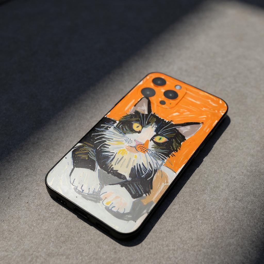 A custom pet portrait iPhone case featuring a charming illustration of a black and white cat with an orange background, creating a unique and personalized accessory.